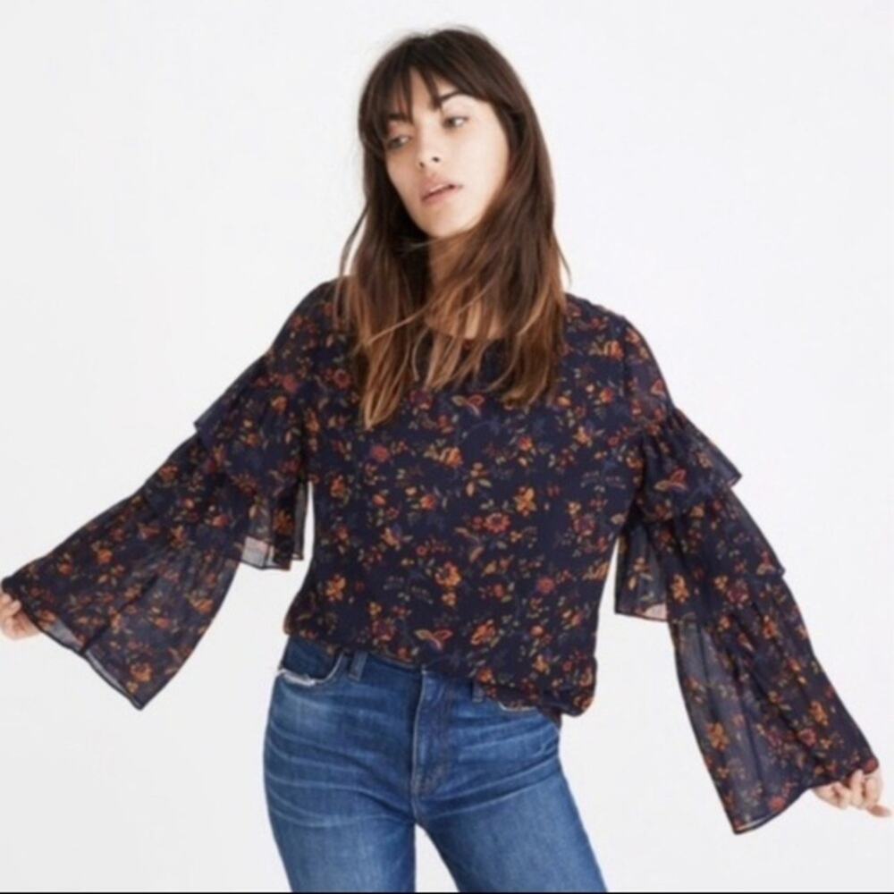 Madewell Floral Ruffle Sleeve Top XS